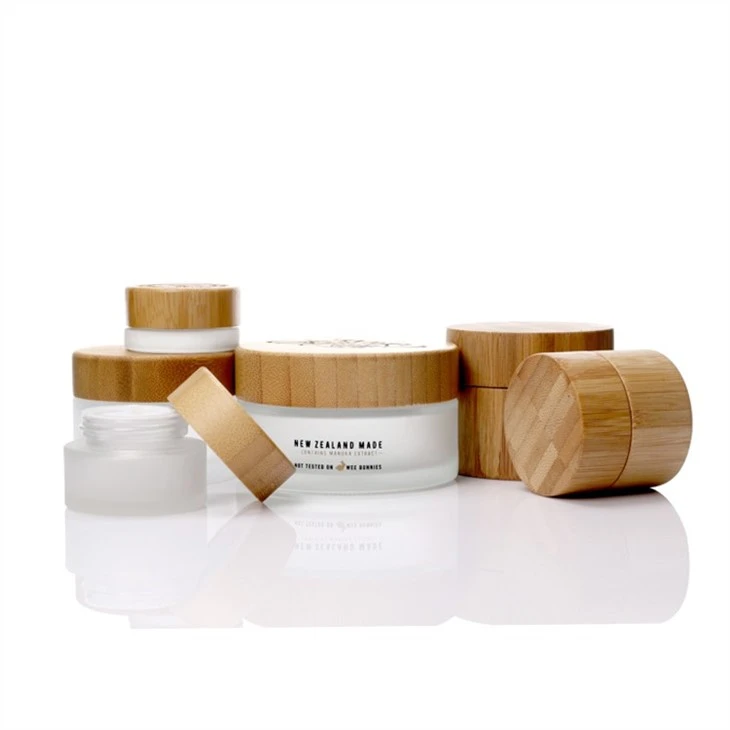 Frosted Glass Cosmetic Facial Cream Jar With Bamboo Lid